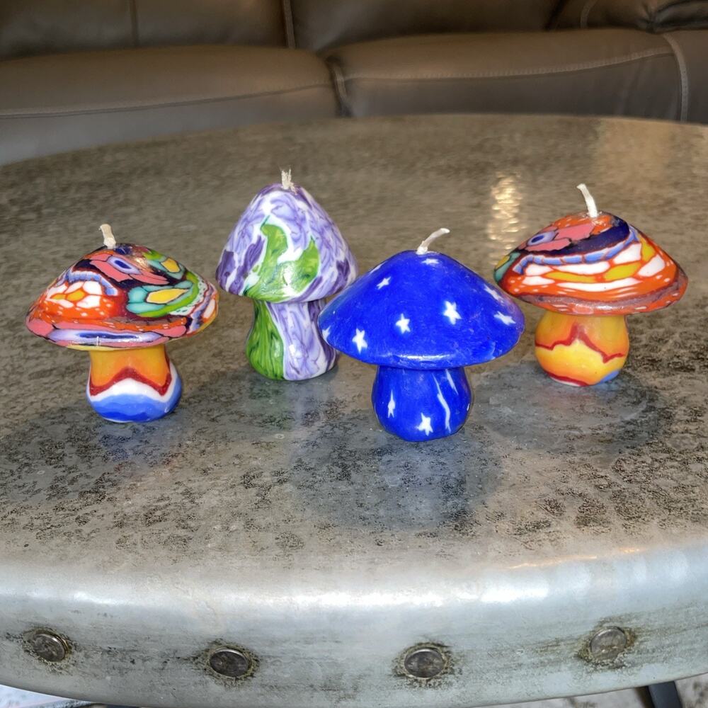 4 Vintage Mushroom Shaped Wax Candle Millefiori Psychedelic Kaleidoscope 90s